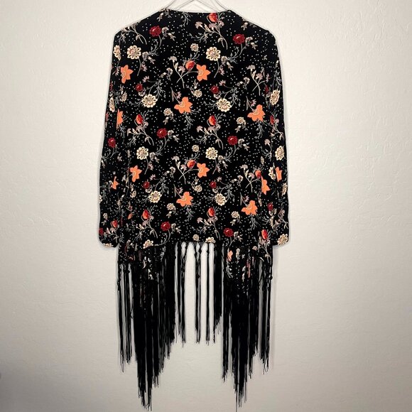Torrid Multi Color Floral Fringe Open Front Long Sleeve Duster Kimono 1 1X 14/16 - Picture 9 of 9